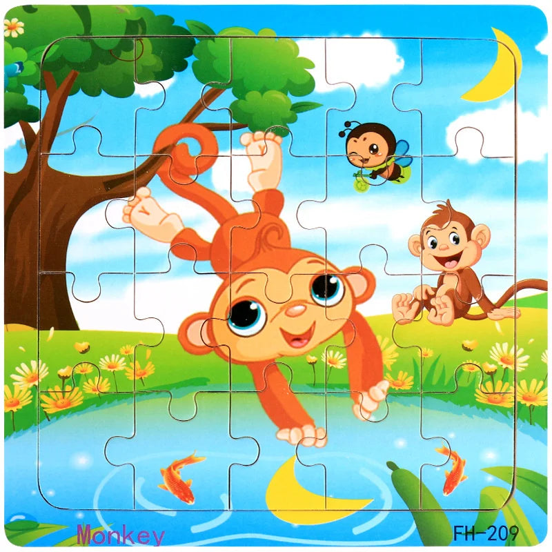 A colorful jigsaw puzzle featuring a monkey character in an orange outfit playing in a green landscape under a yellow crescen
