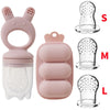 A set of silicone fruit food feeders and cooling molds in pink, labeled S, M, and L sizes.