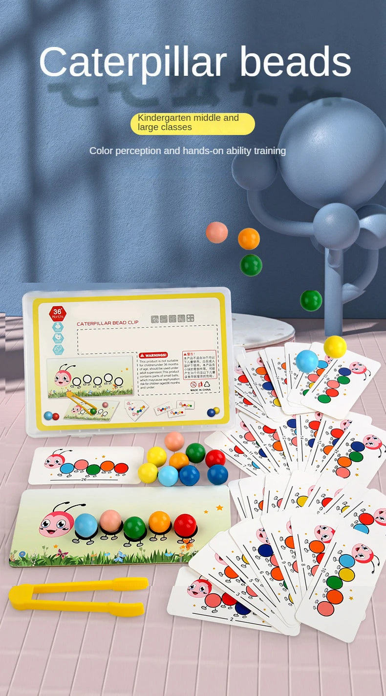 A set of colorful caterpillar bead clips and cards for color perception and hands-on ability training.