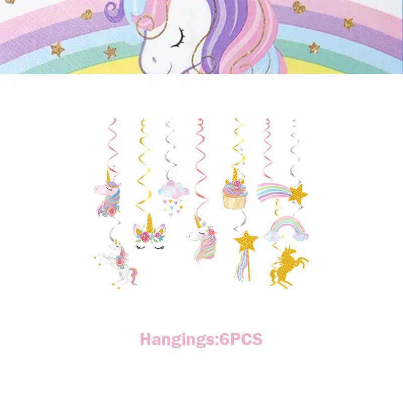 A set of six unicorn-themed hangings featuring stars, clouds, and rainbows for a girls' birthday celebration.