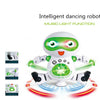 A white dancing robot with green lights performing a spin, featuring music and light functions.