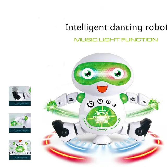 A white dancing robot with green lights performing a spin, featuring music and light functions.