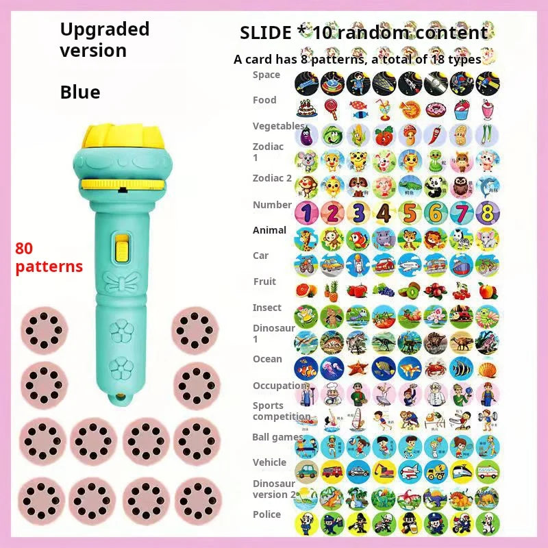 Blue upgraded version of a flashlight with 80 animal patterns for bedtime learning