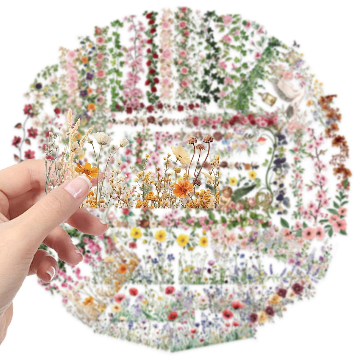 A hand holds a circular floral lace PET sticker pack featuring roses and morning glory vine decor.