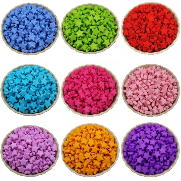 A collection of colorful 9mm acrylic star beads in various shades including blue, green, red, pink, and purple.
