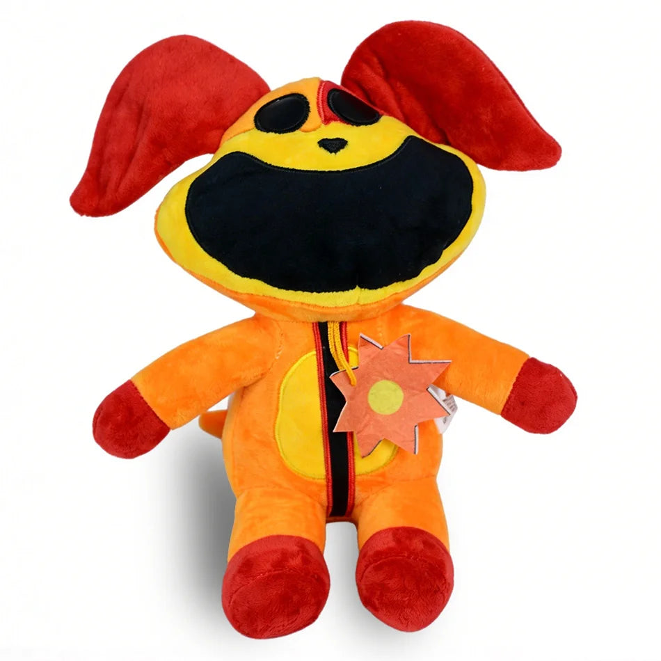 A plush doll of CatNap with large red ears, a black face, and an orange body, featuring a star-shaped emblem.
