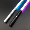 A pair of Neo-Pixel double-bladed lightsaber staffs with metal hilts, showing blue and purple lights.