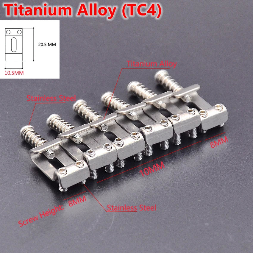 Titanium alloy electric guitar bridge saddle set featuring stainless steel components and various screw heights