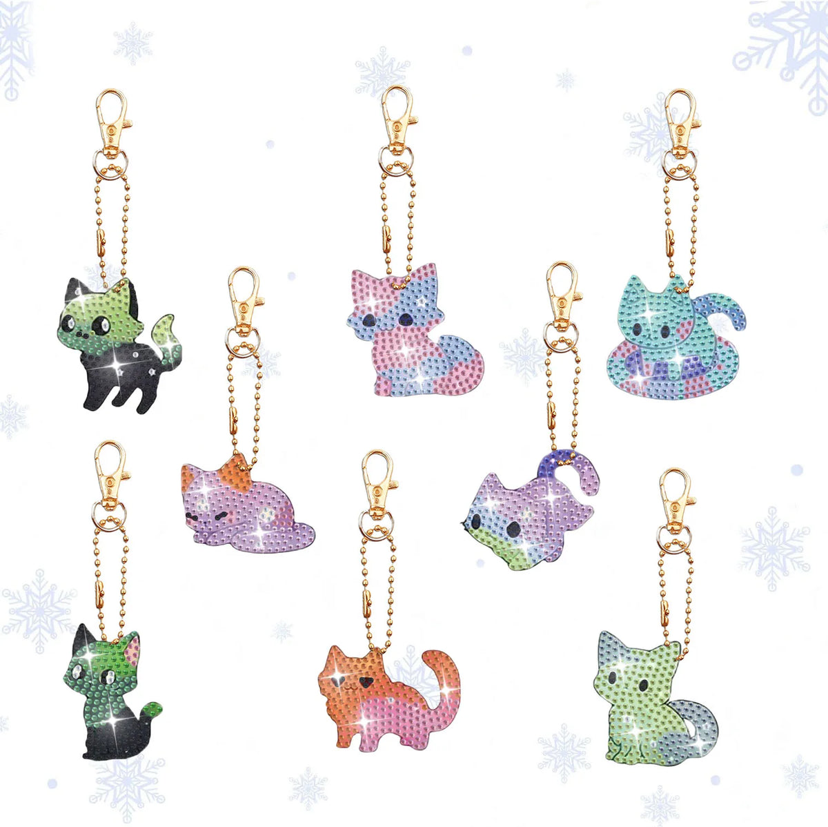 A set of eight DIY animal diamond art keychains featuring various cats in pastel colors and glitter.