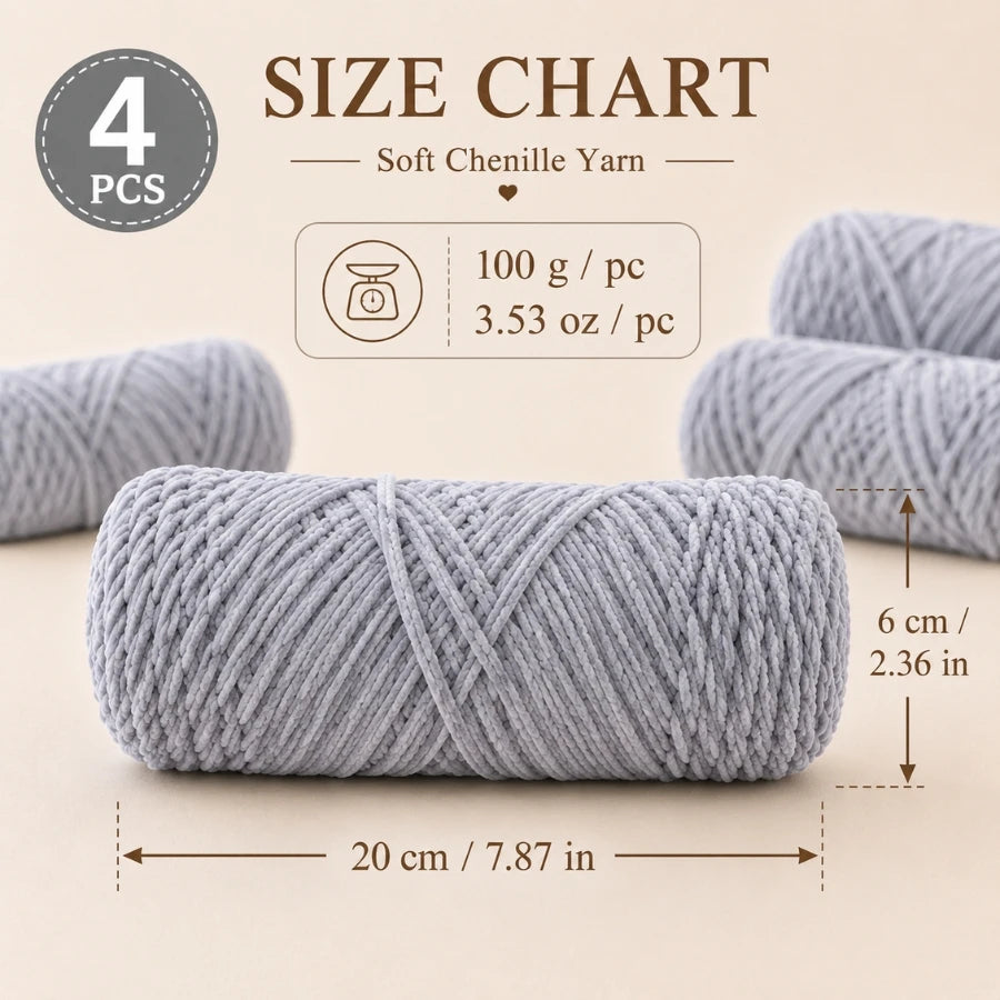 A bundle of light gray soft chenille yarn is shown with size measurements and a weight per piece.