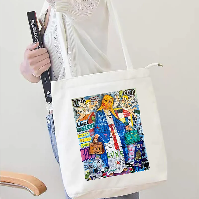 A white tote bag featuring a colorful design of iron-on heat transfer patches and DIY clothing customization elements.