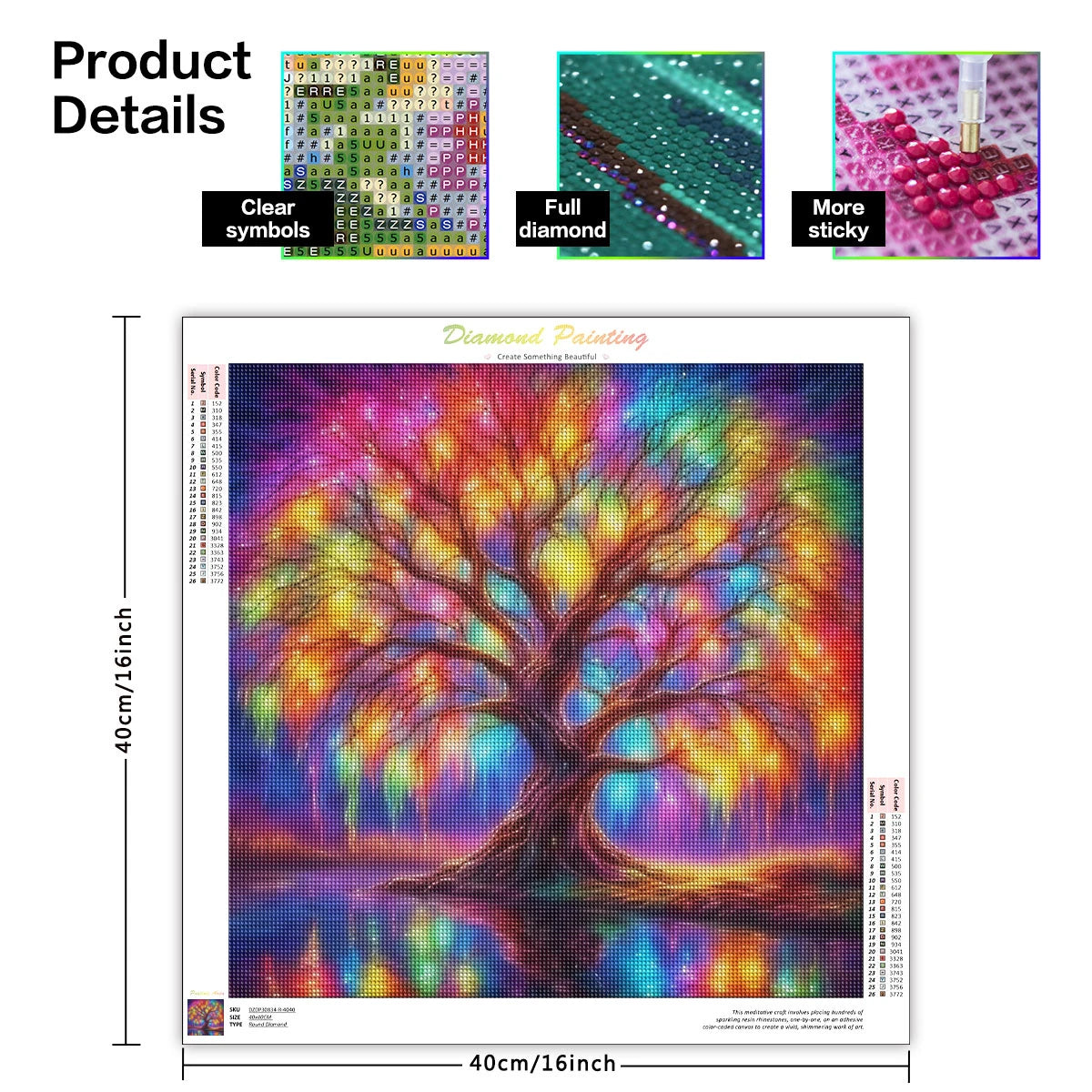 A diamond painting kit featuring a scenic tree landscape with vibrant colors and textures.