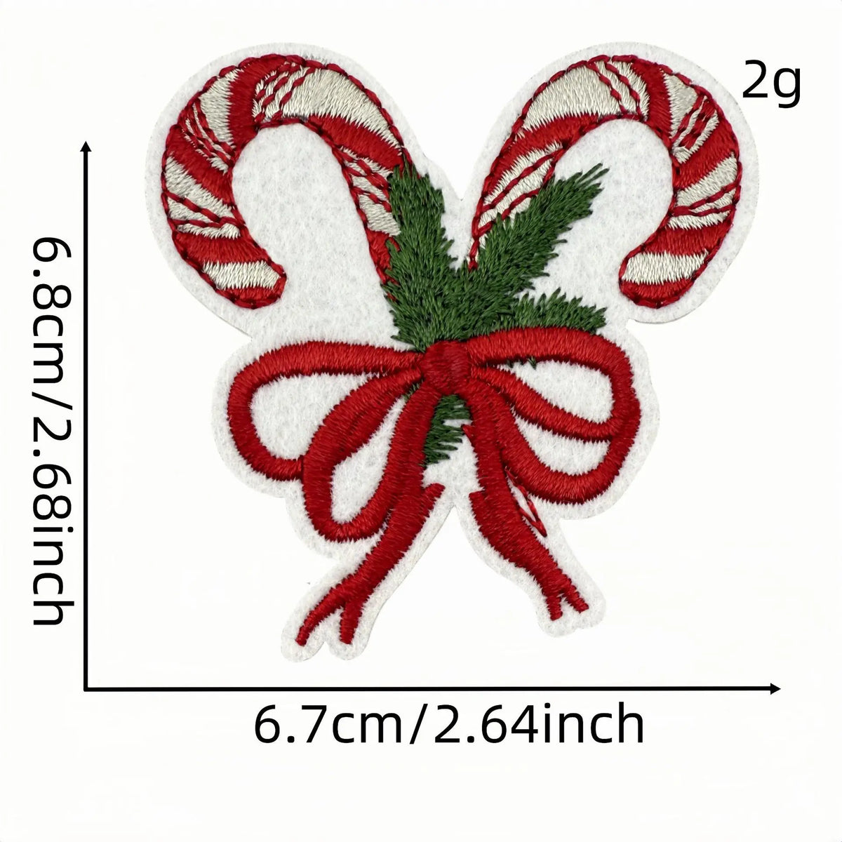 A red and white striped candy cane shaped iron-on patch with a bow, measuring 6.8cm by 2.68inch.
