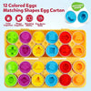 A yellow egg carton filled with twelve colored eggs in matching shapes for a sorting puzzle.
