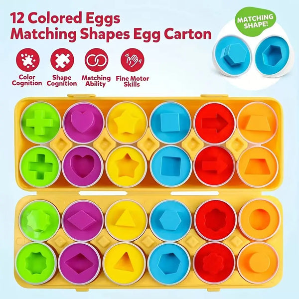 A yellow egg carton filled with twelve colored eggs in matching shapes for a sorting puzzle.