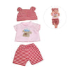 A set of cozy winter romper outfit for a reborn doll featuring red and white striped fabric.