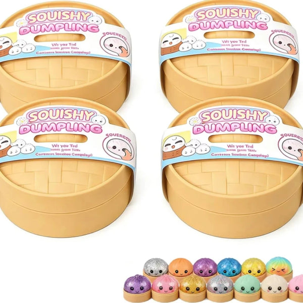 A set of five glitter dumpling stress balls in various colors and shapes.