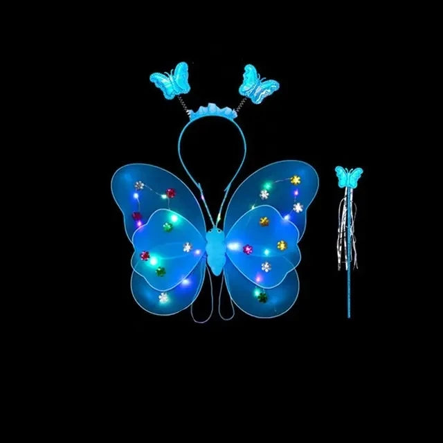 A set of glowing LED butterfly costume featuring wings, a skirt, and a wand.