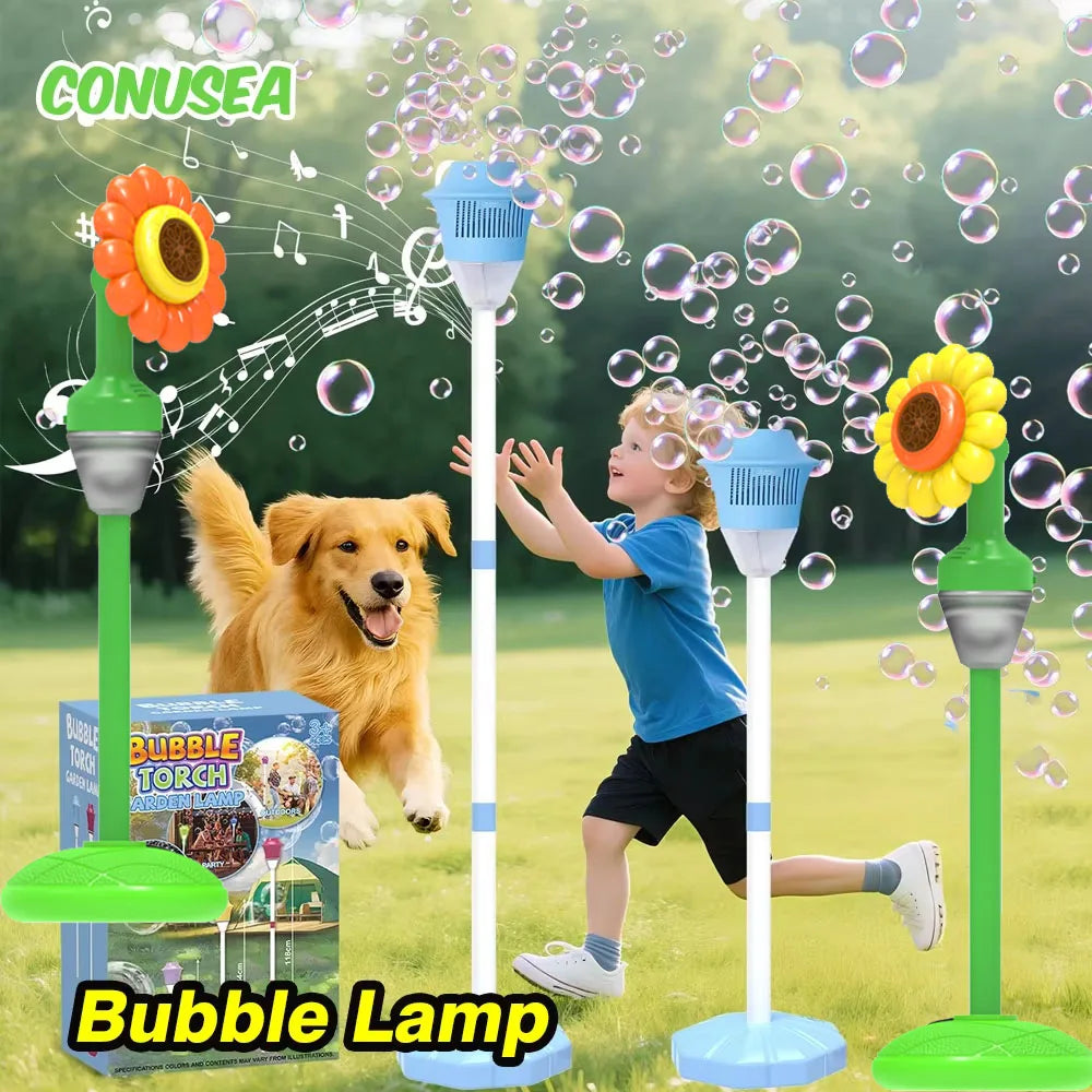 A child plays with a dog outdoors while a bubble lamp creates bubbles in the air.