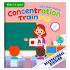 A children's sticker book for concentration training featuring an apple and a globe in a classroom setting.