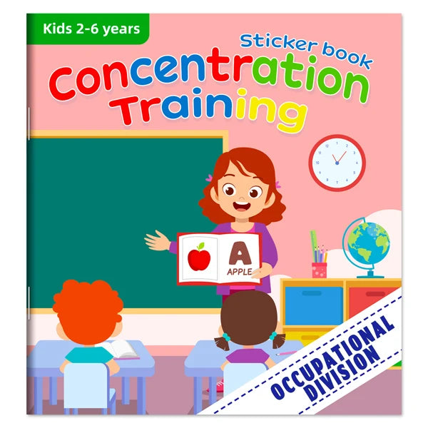A children's sticker book for concentration training featuring an apple and a globe in a classroom setting.