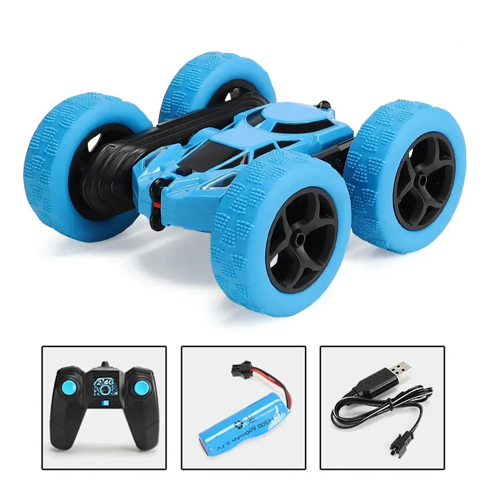 Blue remote control drift racer RC car with four wheels and LED lights shown alongside the controller.