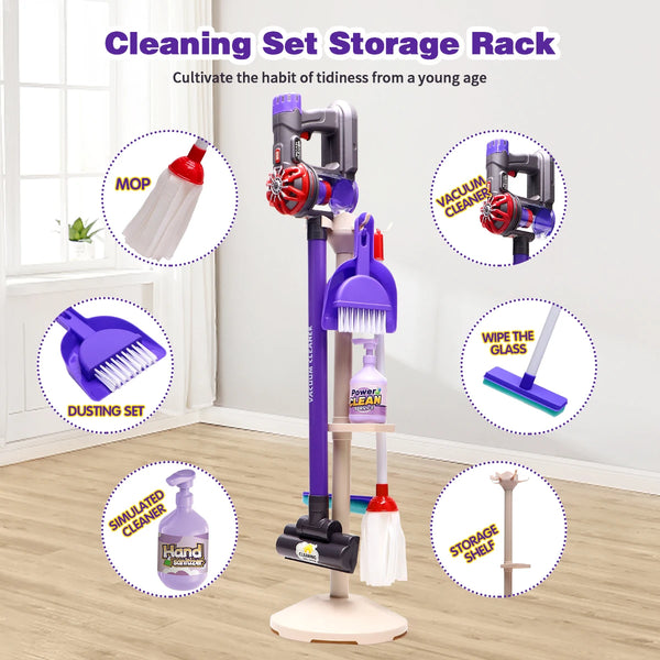 A purple cleaning set storage rack featuring various tools like a mop, broom, vacuum cleaner, and dusting set.