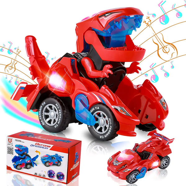 A red and blue 2-in-1 transforming dinosaur car toy in various modes, shown with musical notes.