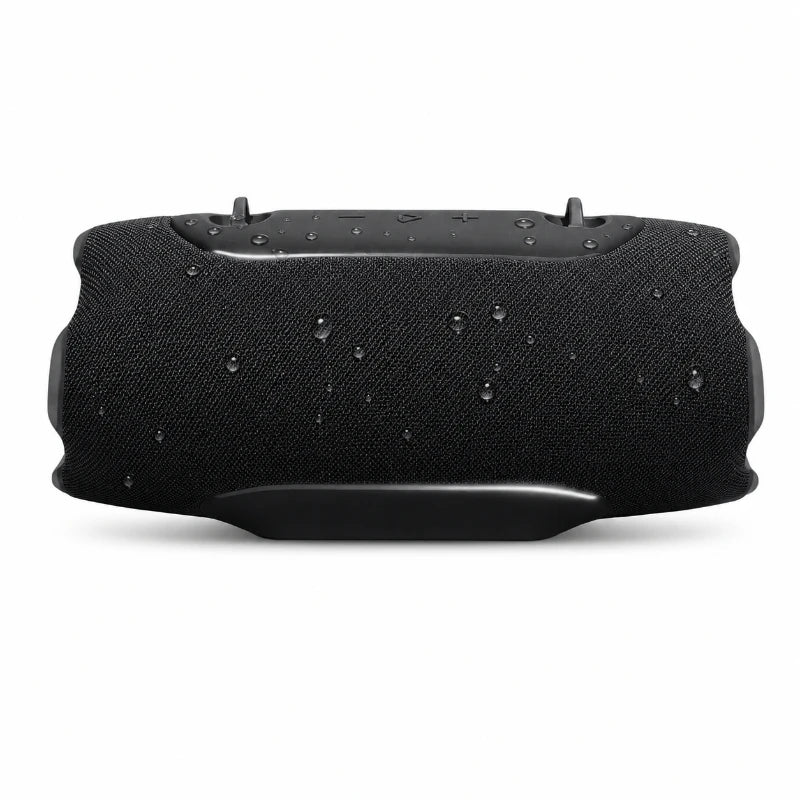 A black portable Bluetooth speaker with a textured, rugged casing.