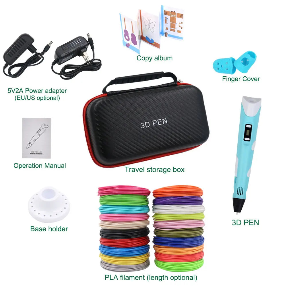 A set of 3D printing pens including a power adapter, finger cover, copy album, and PLA filament storage box.
