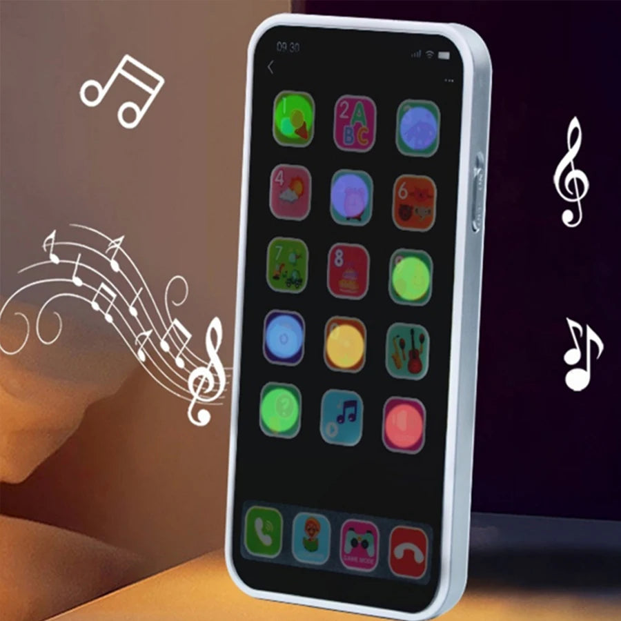 A white smartphone displaying a grid of colorful icons for an interactive baby learning phone toy