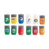 A collection of colorful mini supermarket and food building blocks featuring various items like pizza, cake, and condiment br