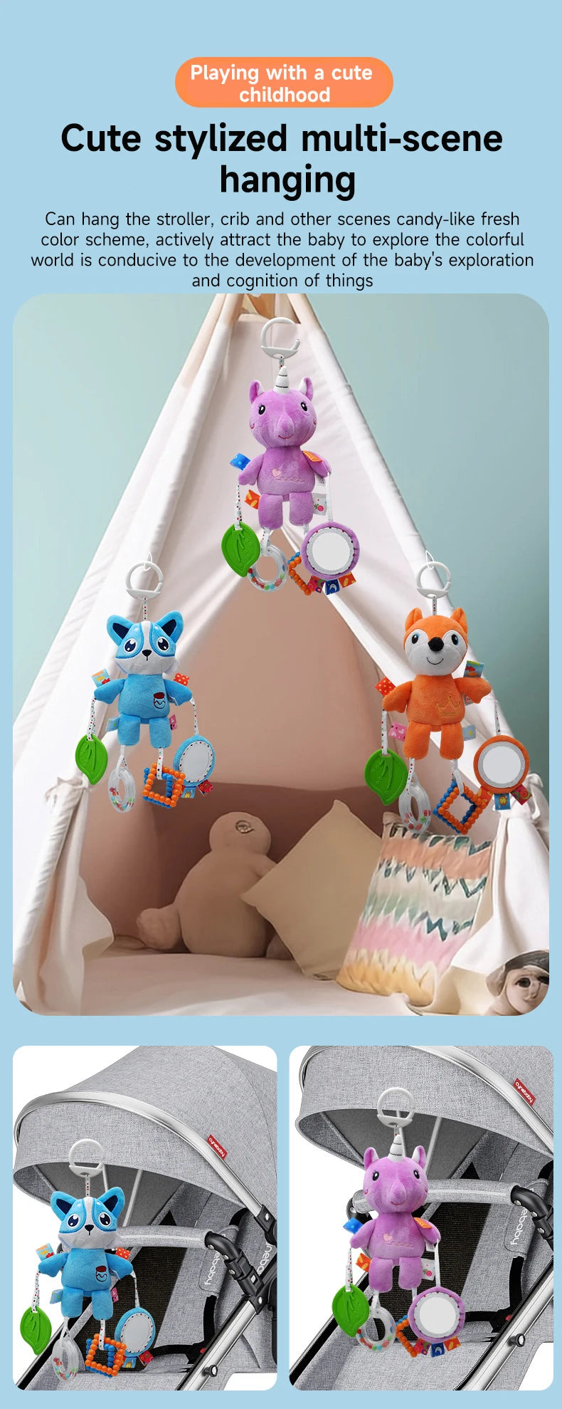 Cute stylized multi-scene hanging toys for infants, including a blue cat and an orange bear, displayed in a fabric crib.