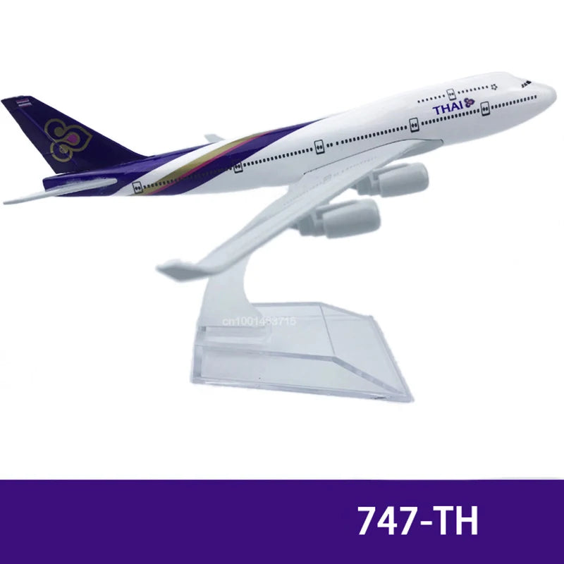 Diecast model of a Thai Airways airplane in purple and white livery