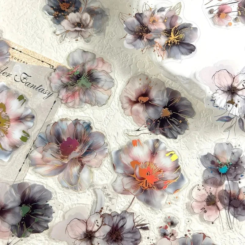 A collection of delicate floral hot stamp stickers featuring soft pink, gray, and black tones for journaling and scrapbooking