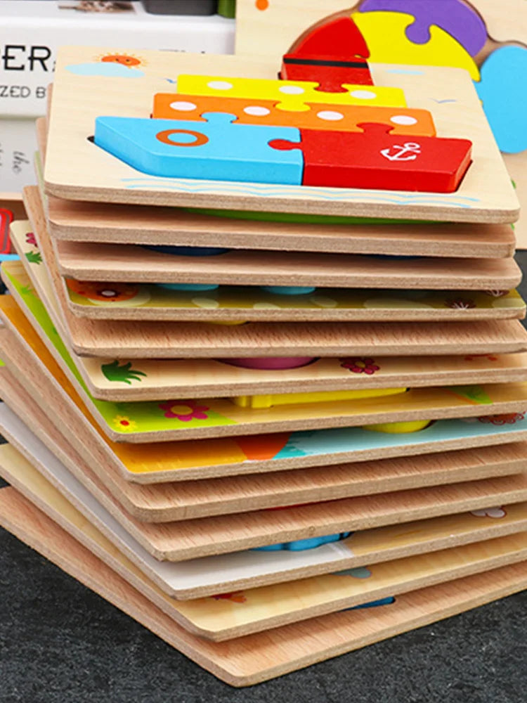 A stack of colorful wooden shape puzzles for kids featuring various geometric and organic shapes.