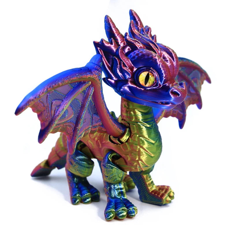 A detailed, articulated 3D printed dragon figurine with purple and green scales, displayed against a white background.