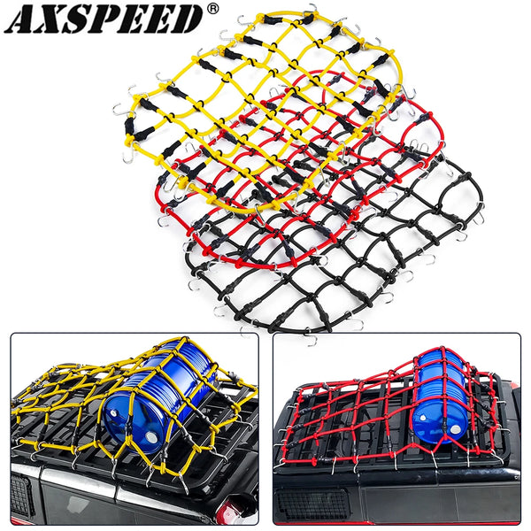 Elastic roof rack luggage net for RC crawler trucks shown in various colors and installed on a vehicle.