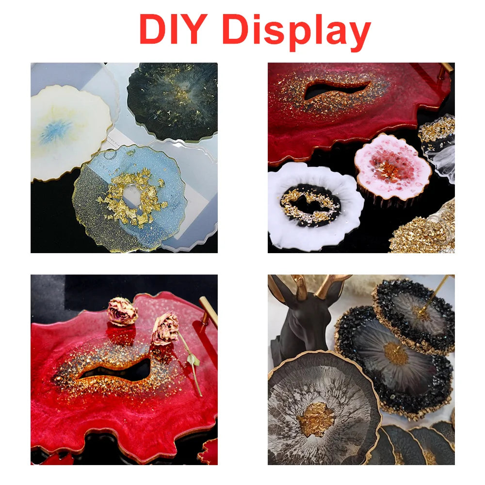 DIY display featuring crushed glass stones and resin art projects on a red background