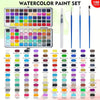 A complete watercolor paint set featuring a large palette of colors and various brushes and pencils.