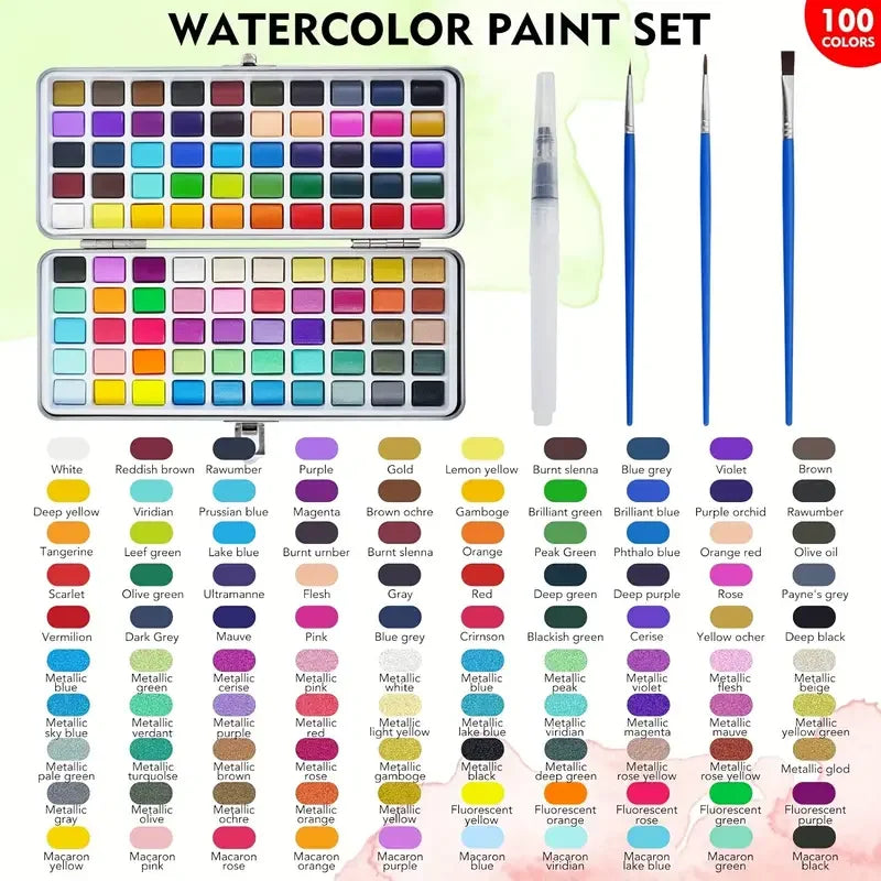 A complete watercolor paint set featuring a large palette of colors and various brushes and pencils.