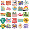 A collection of positive affirmation stickers featuring words like Smile, Brave, Positive Vibes, and Stay Happy.