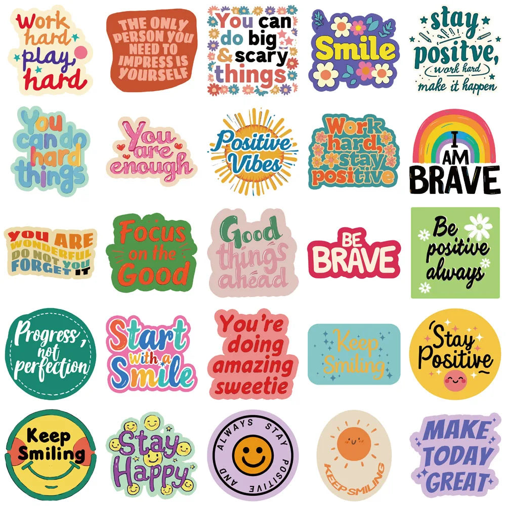 A collection of positive affirmation stickers featuring words like Smile, Brave, Positive Vibes, and Stay Happy.