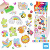 A colorful sticker kit featuring a rainbow, a bee, and a unicorn on a cardboard backing.