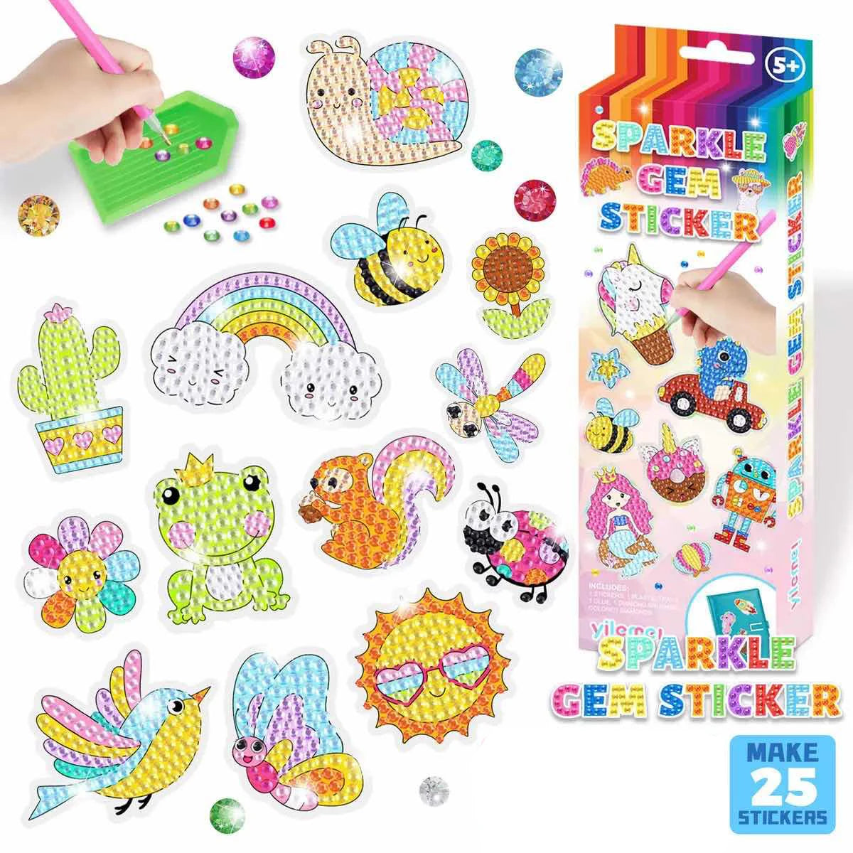 A colorful sticker kit featuring a rainbow, a bee, and a unicorn on a cardboard backing.