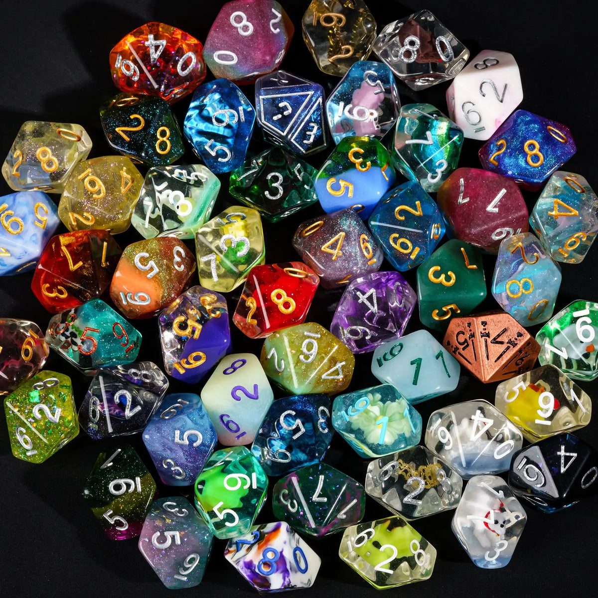 A collection of seven polyhedral resin dice in various colors and shapes for tabletop gaming.