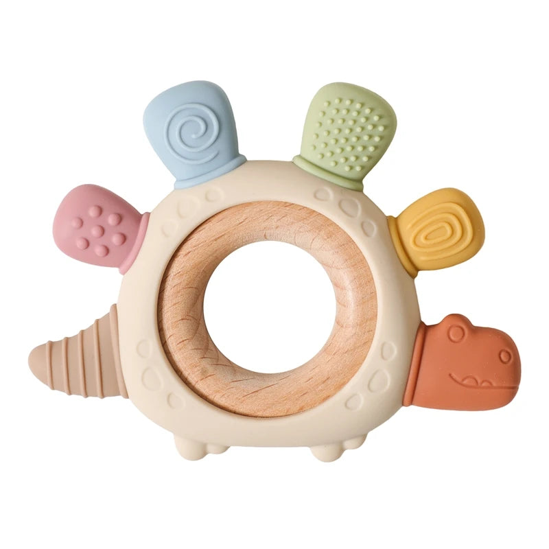 Silikon-Teether-Ring mit mehreren farbigen Teether-Tips in Spiral- und Knötform.