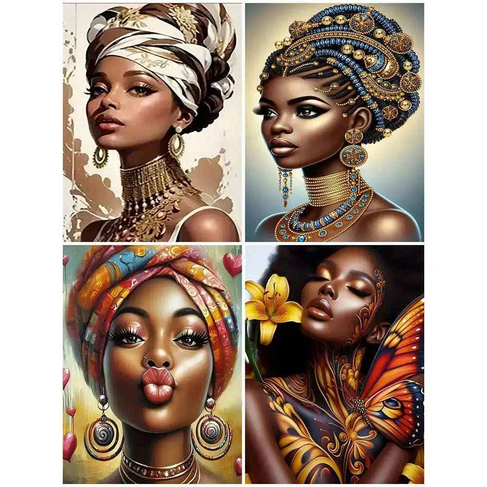 A collage of three portraits of African women with intricate gold jewelry and traditional head wraps, suitable for a diamond 