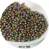 A pile of small, round electroplated metallic glass beads in various shades of green and bronze.