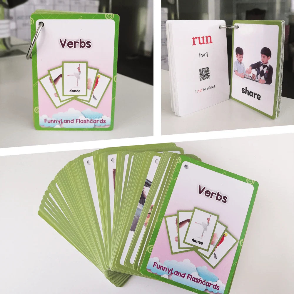 A set of pink and green flashcards featuring action verbs like run, dance, and share for children.